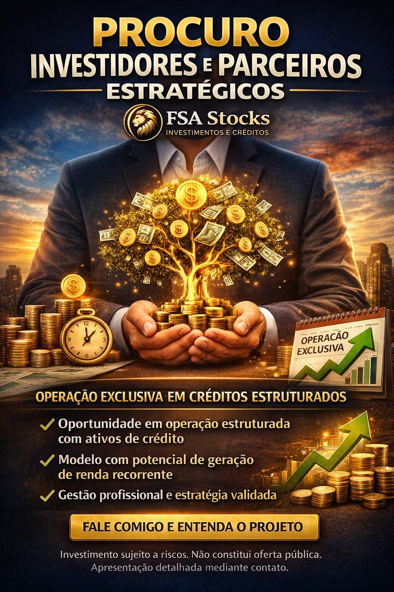 FSA Stocks investment flyer seeking strategic partners for structured credit operations with golden money tree.