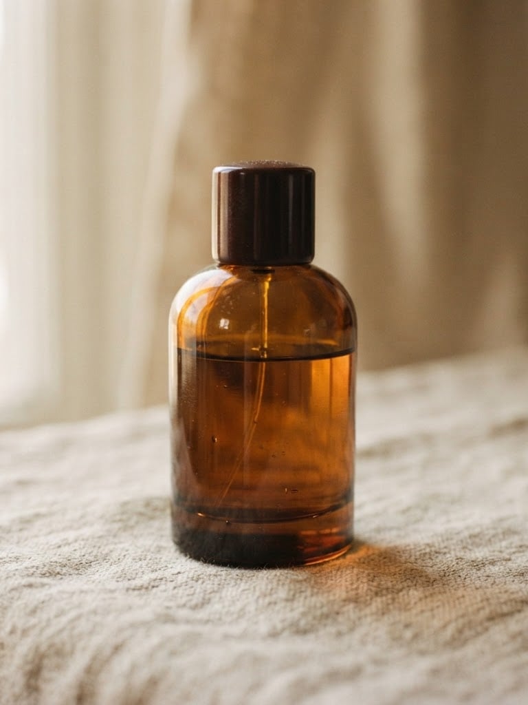 Close-up of a high-end amber glass fragrance bottle on textured linen, soft window light, warm tobacco and ivory tones, shallow depth of field, 35mm