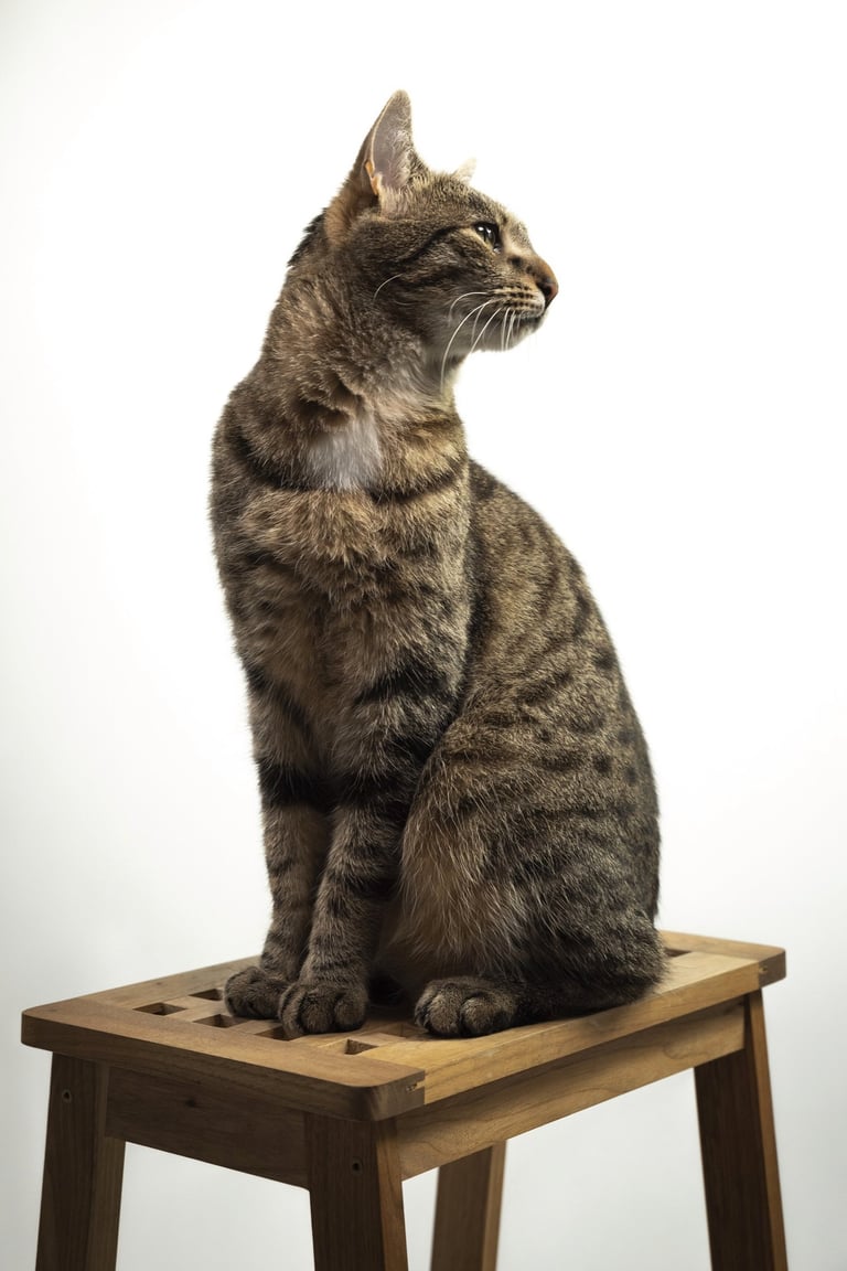 a cat sitting on a wooden table with a white background