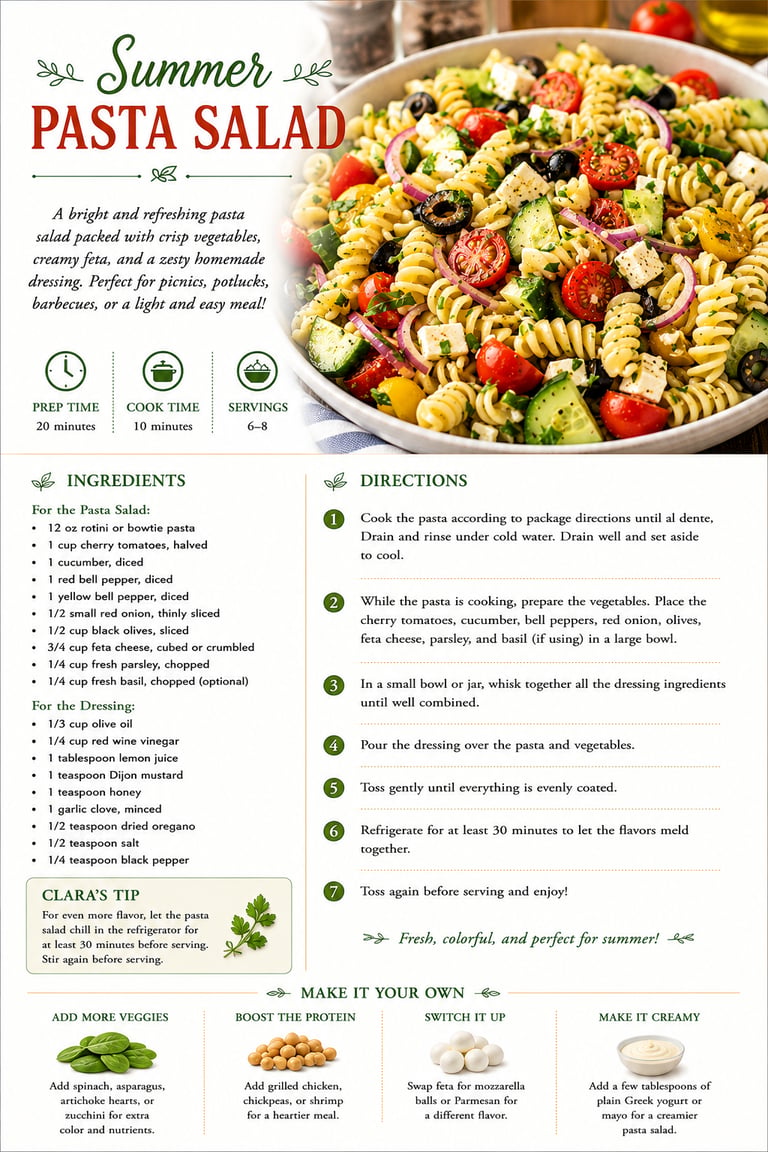 Summer pasta salad recipe card with fresh vegetables, rotini, feta cheese, and homemade lemon herb dressing.
