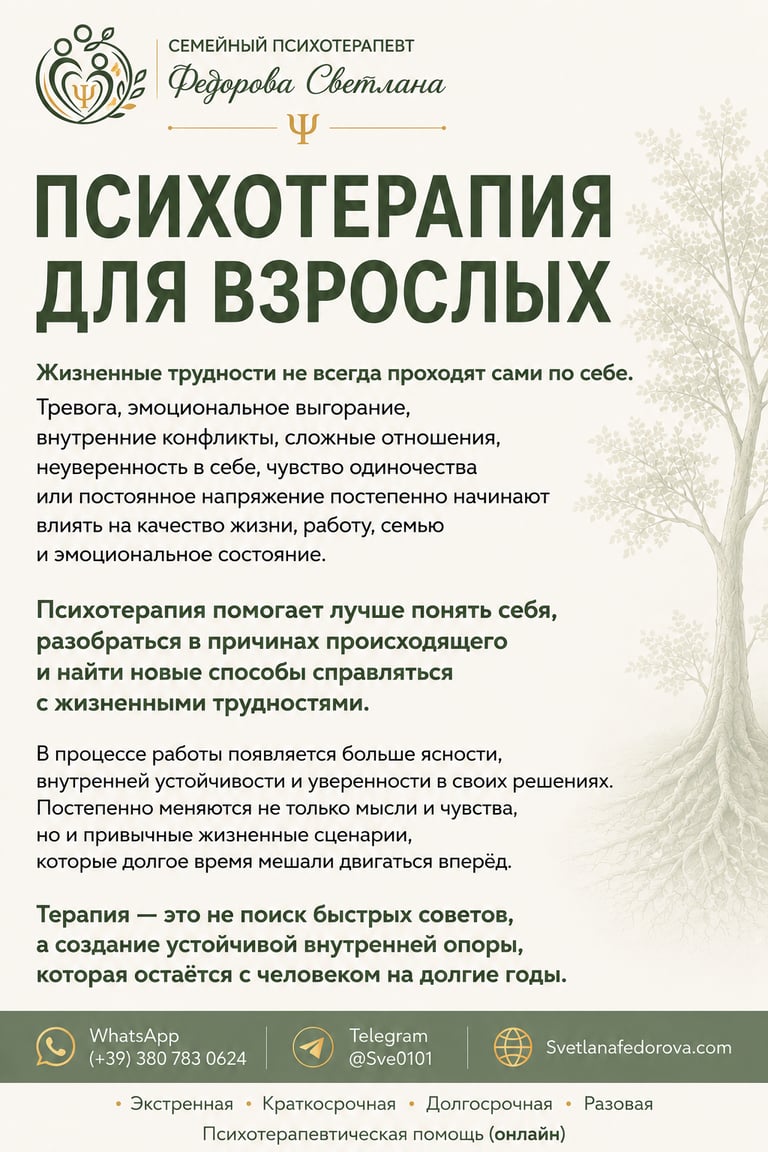 Психотерапия для взрослых. Семейный и кризисный психотерапевт Светлана Федорова. Онлайн-консультации