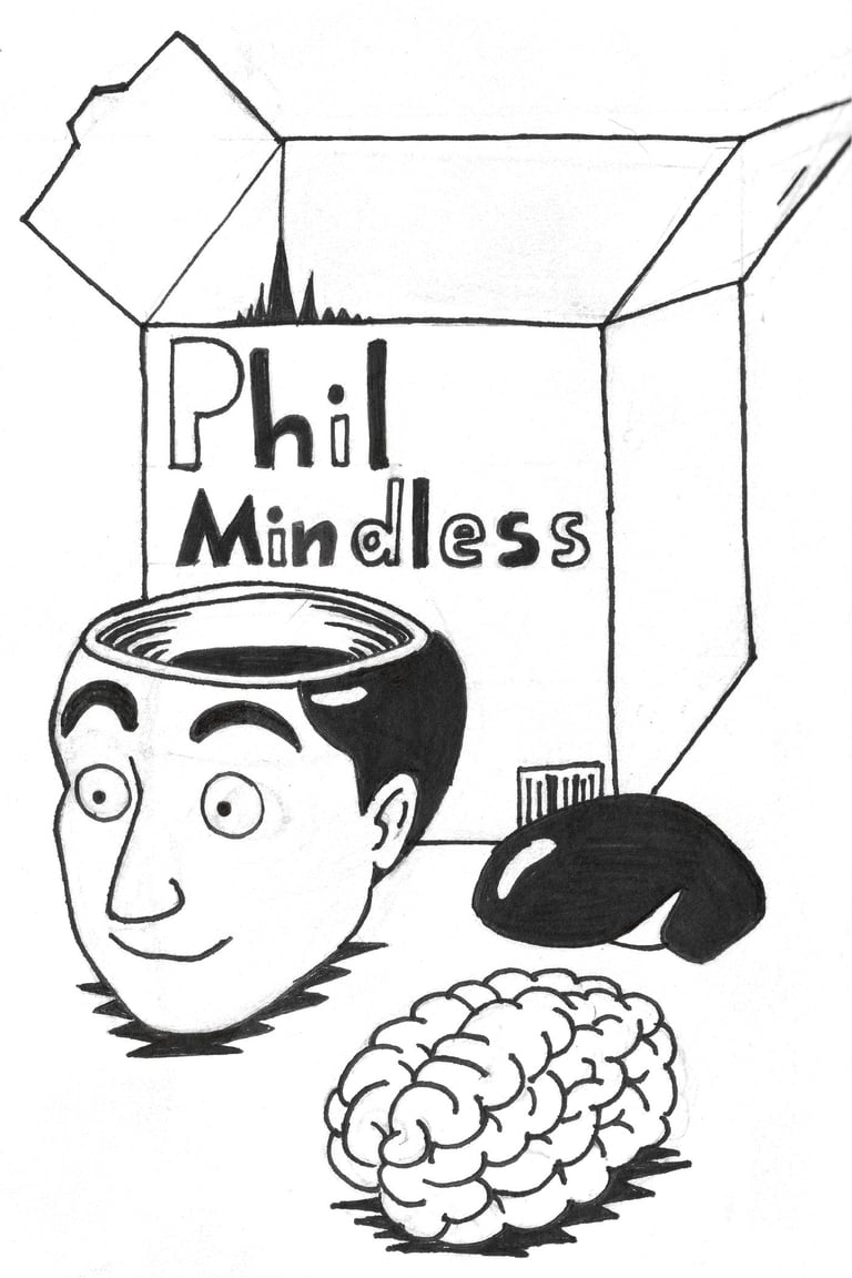 weird quirky drawing of mindless phil