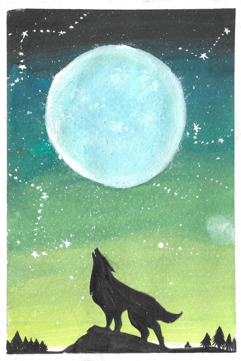 a lone wolf on a hill howling in the nigh at the full moon in the green sky