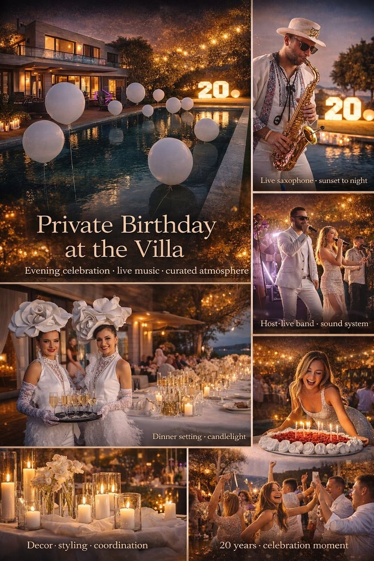 Luxury private birthday party at villa in Bodrum with decoration, lighting, and live music
