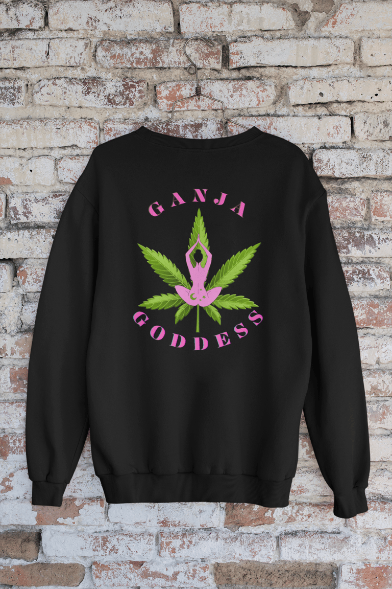 a black sweatshirt with a pink marijuana leaf on it