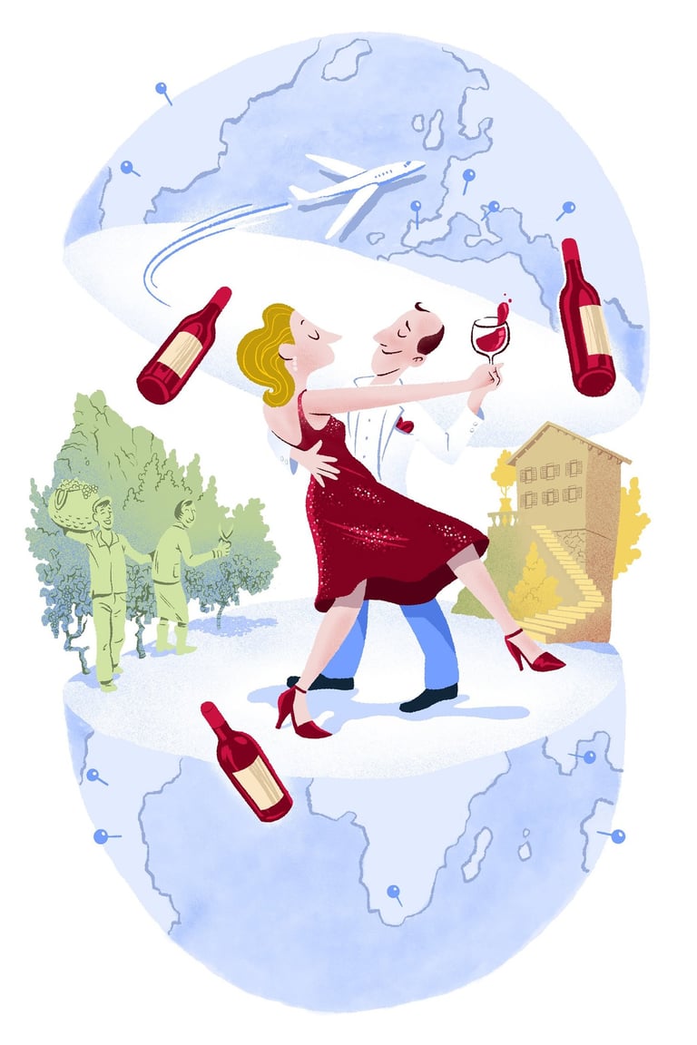 Illustration of a couple dancing inside a globe with wine bottles, representing global wine tourism.