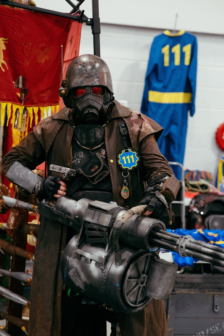 A man in a Fallout game costume stands with a large prop weapon and mask