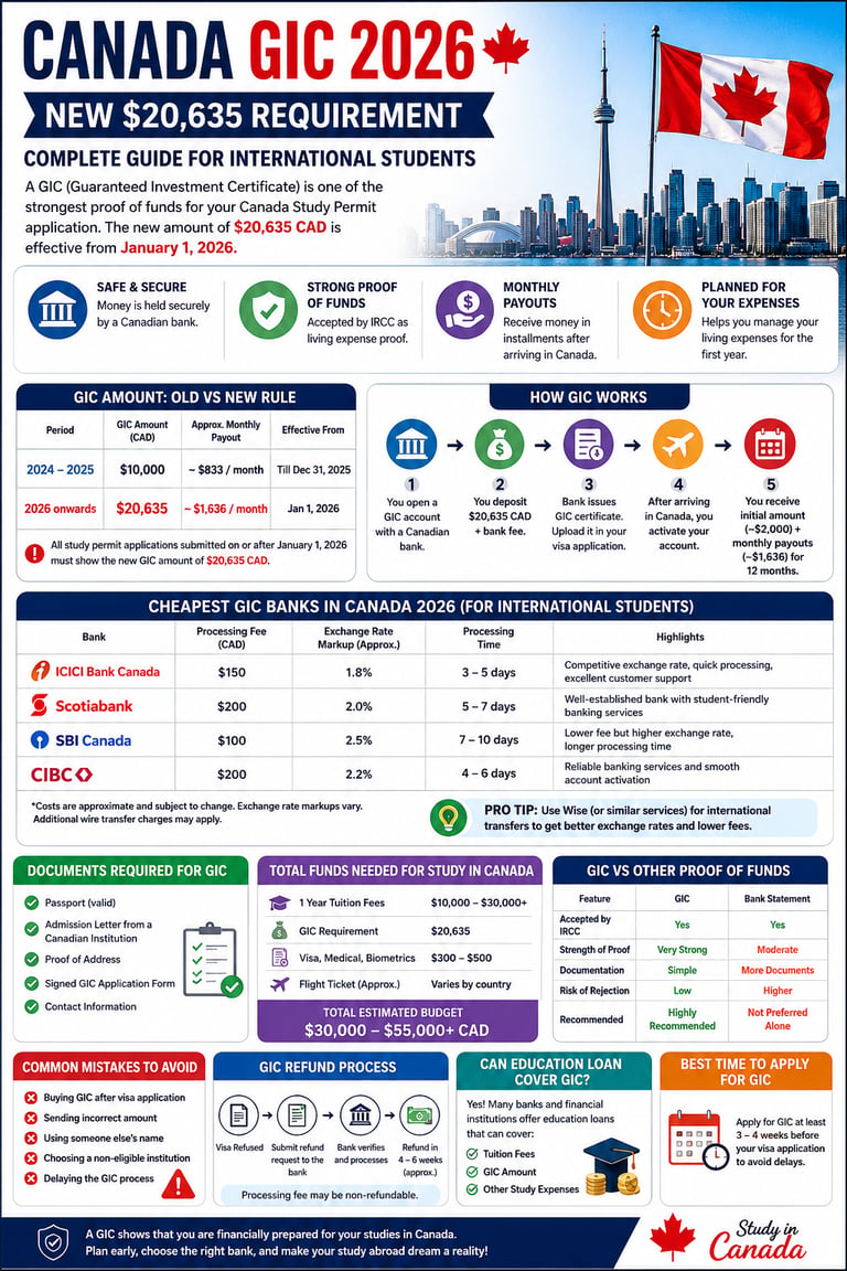 Infographic about Canada GIC 2026 for international students featuring the new CAD requirements