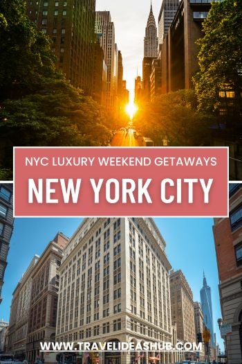 a city street scene with the words nyc weekend getaway