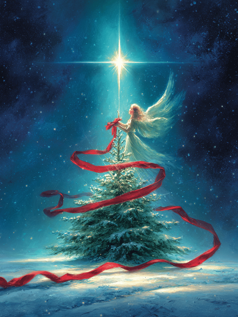 Un ange dépose un ruban rouge au sommet d'un sapin de Noël. Une étoile brille dans le ciel