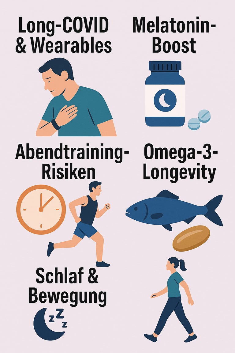 Long‑COVID & Wearables, Melatonin‑Boost, Abendtraining‑Risiken, Omega‑3‑Longevity, Schlaf & Bewegung