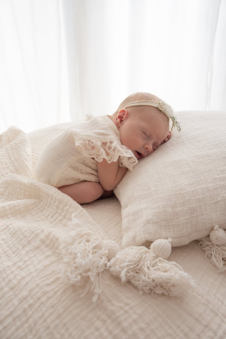 A newborn baby girl sleeping in a lace romper and headband on a soft white pillow Lincolnshire