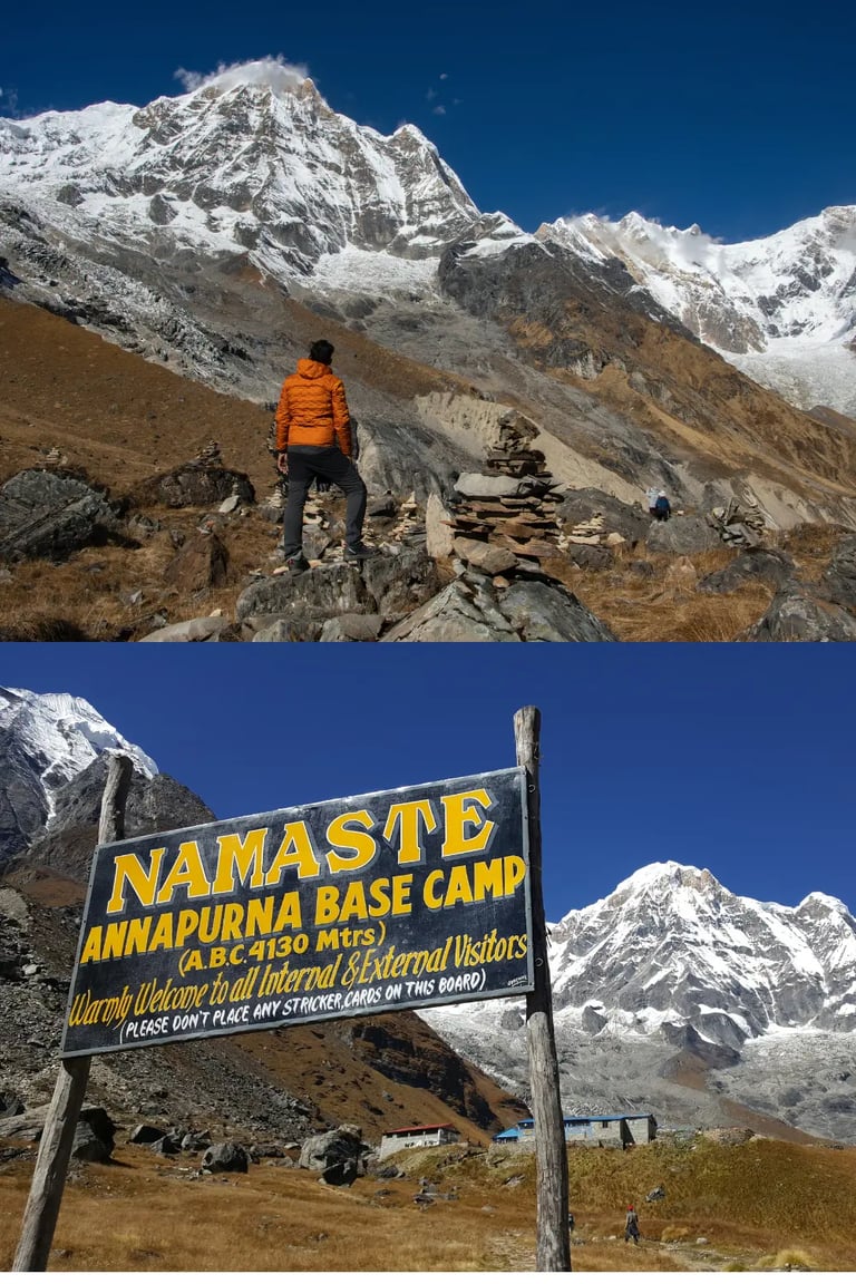 a man standing on a mountain top with a sign that says namara base camp