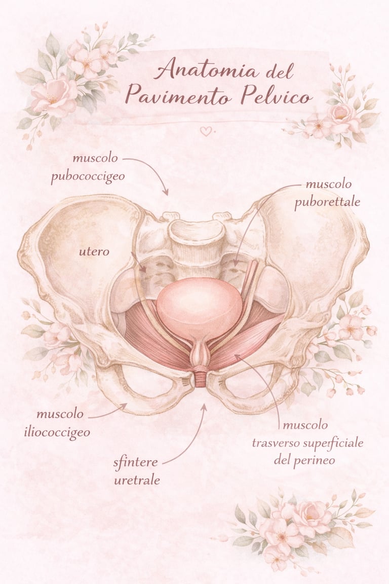Illustrazione anatomica del pavimento pelvico femminile con muscoli e organi pelvici–riabilitazione
