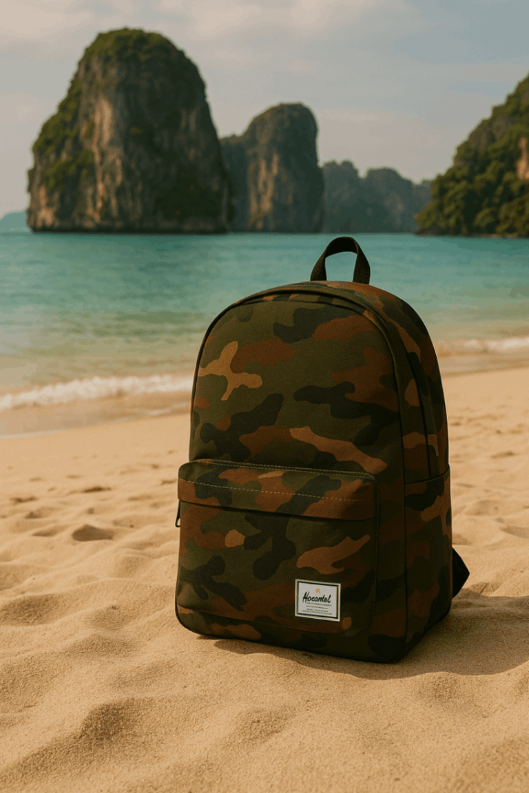 a Herschel camo backpack sitting on the sand of a beach in Thailand