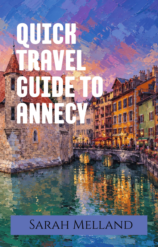 Impressionist oil painting of Annecy France canals for a travel guide book cover by Sarah Melland.