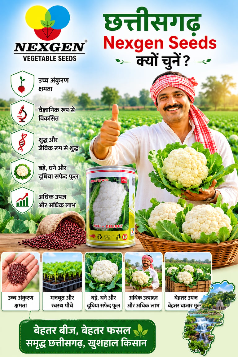 Indian farmer promoting Nexgen Seeds high-yield cauliflower hybrids in a fertile vegetable field.