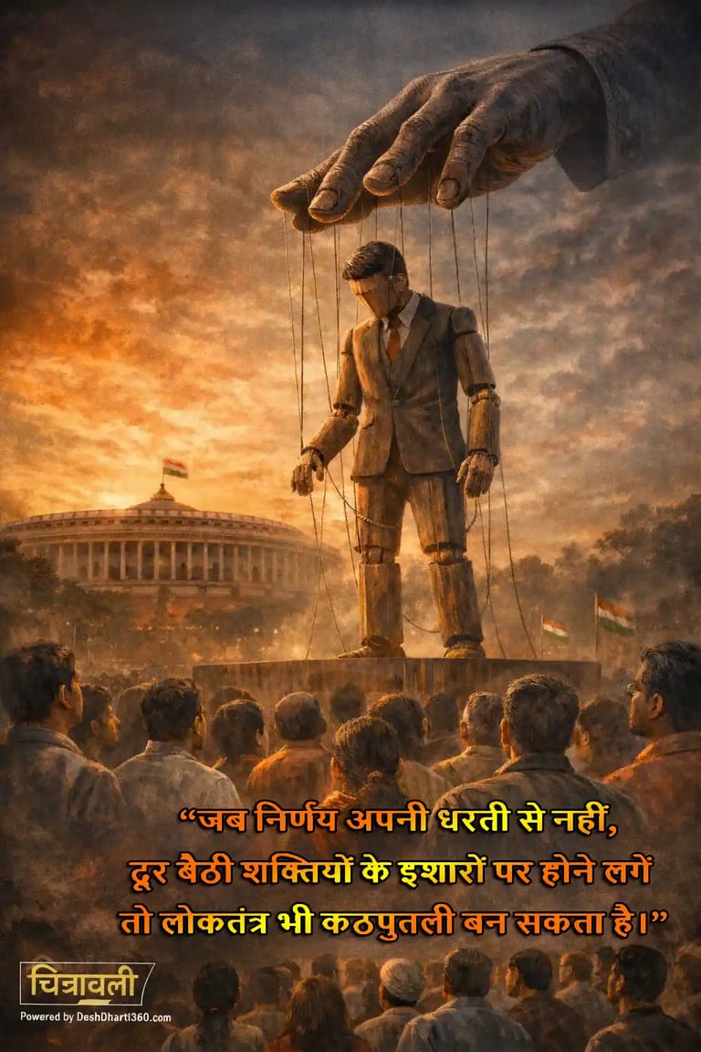 Indian democracy puppet concept showing foreign control over political leadership with citizens watching near parliament