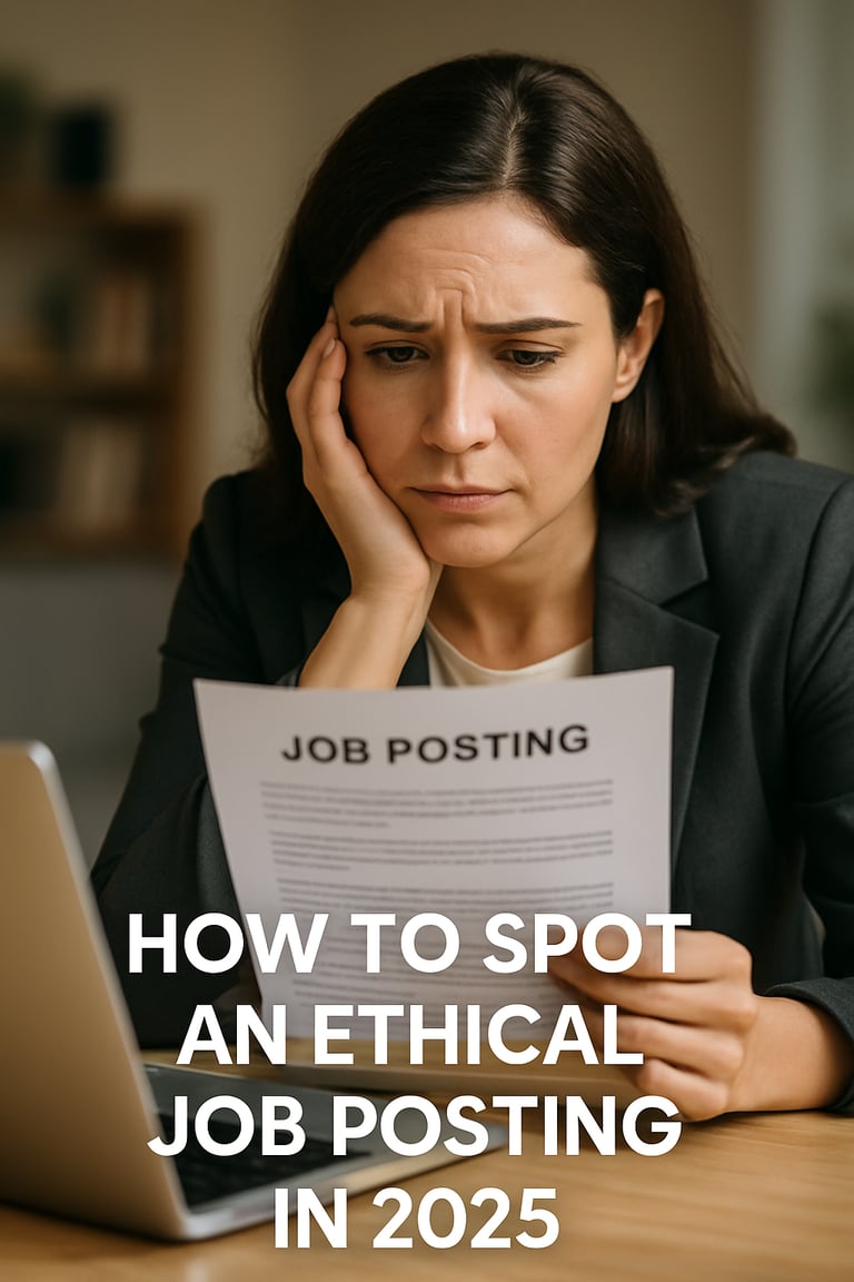 Professional woman looking concerned over a job posting. 
