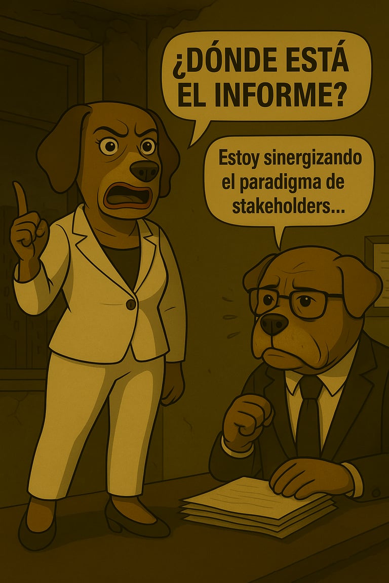 Caricatura que ilustra una táctica de supervivencia en la oficina. Una jefa furiosa exige resultados