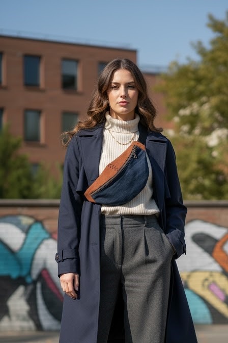 femme portant un sac banane bicolore en daim marron et denim bleu.