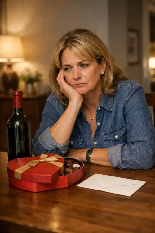 Eine Frau Sitzt am Tisch und macht sich Gedanken was sie Verschenken soll