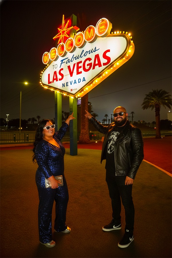 A smiling couple posing and pointing at the iconic Welcome to Fabulous Las Vegas Nevada sign at night.
