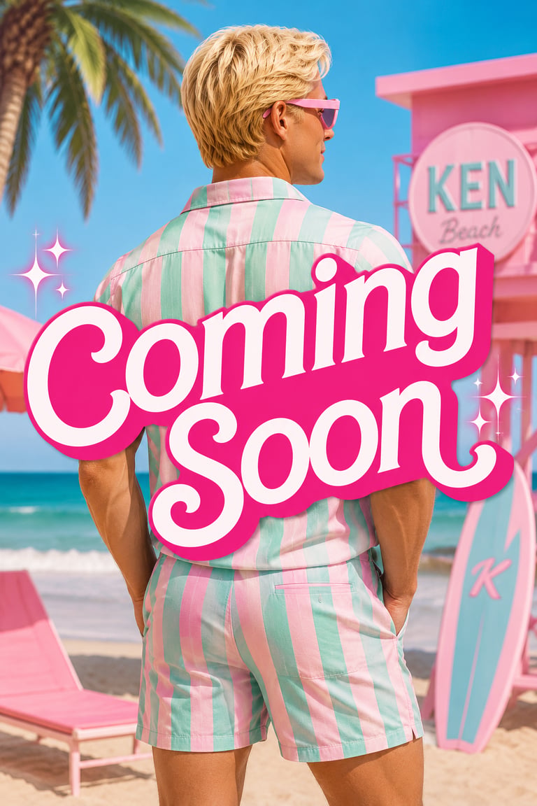 Character in striped beachwear standing on a tropical beach with a Coming Soon movie poster overlay.