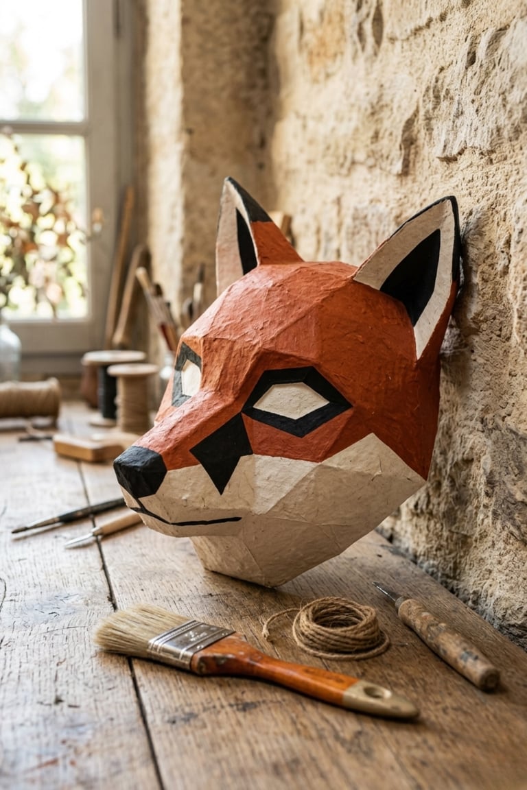 Handmade low-poly papier-mache fox mask on a rustic wooden workbench in an artist studio.