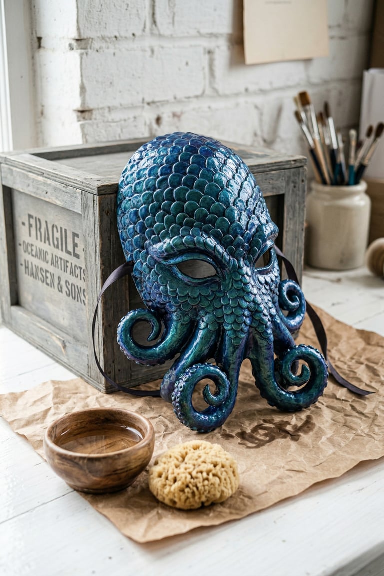 Handcrafted blue ceramic octopus mask with metallic scales and curling tentacles in an artist's studio.