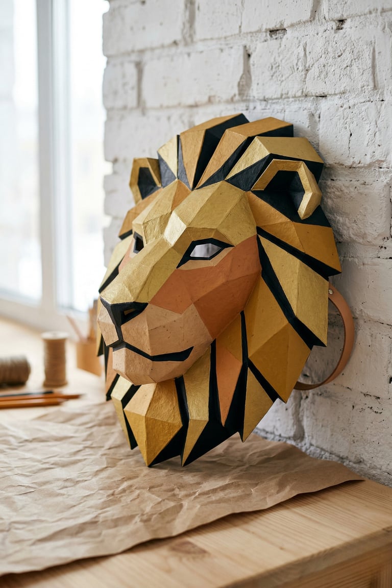 A geometric 3D papercraft lion mask with a gold and black mane on a white brick wall.