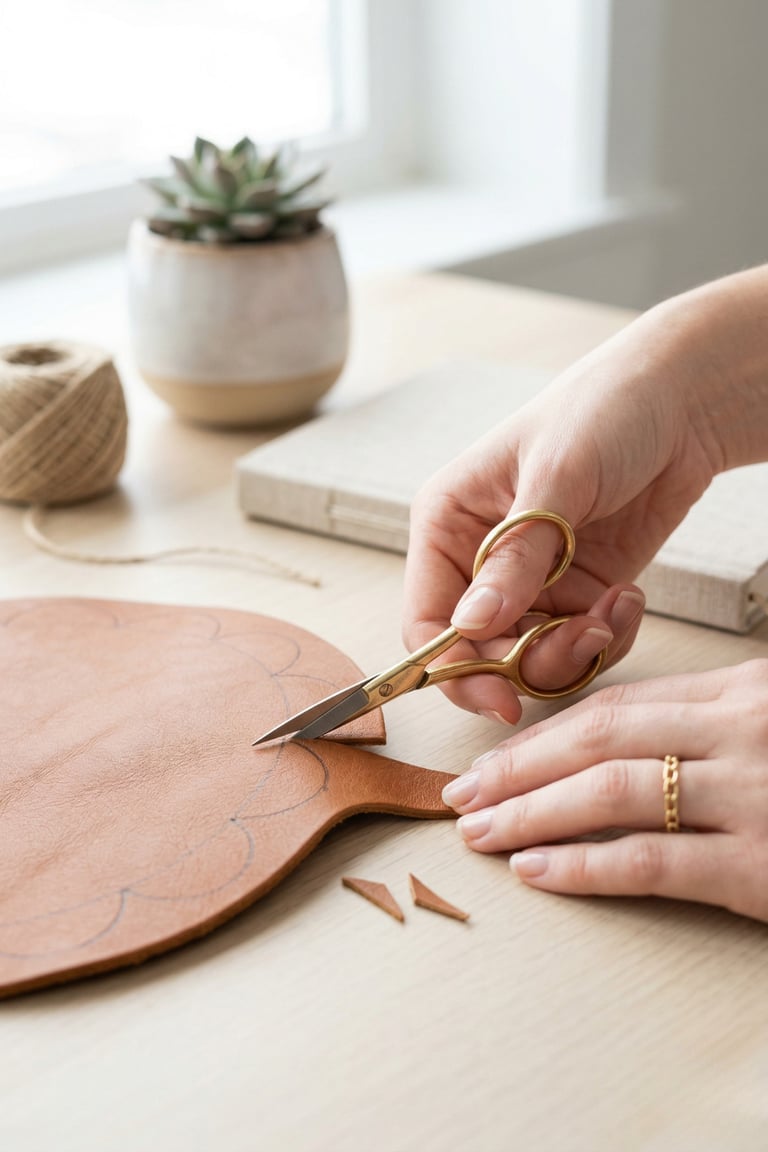 A person uses sharp gold embroidery scissors to carefully cut a patterned leather craft project.