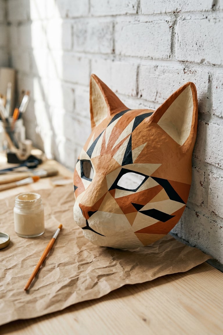 Handmade paper mache cat mask with geometric orange patterns on an artist's workbench.