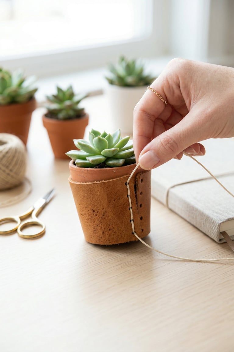 Hand crafting a DIY leather planter sleeve for a small potted succulent on a wooden desk.