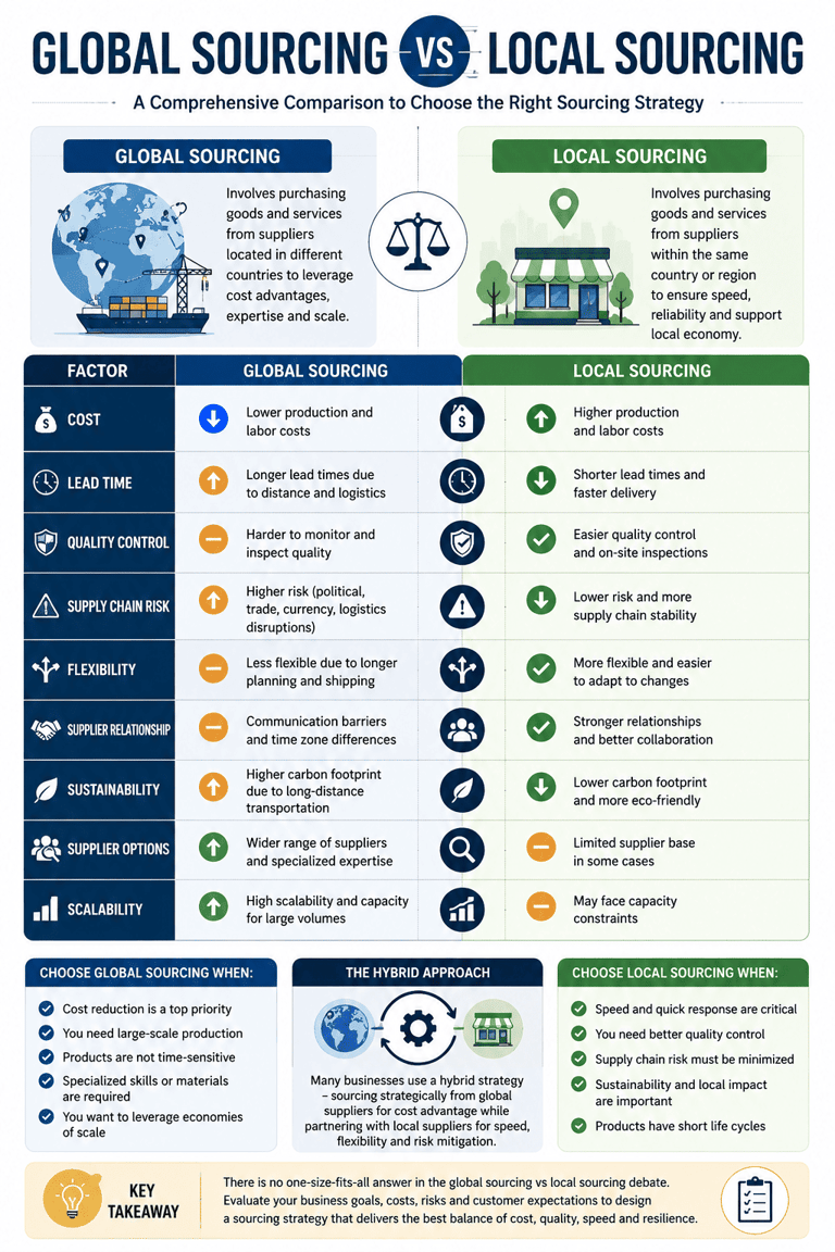 Global vs Local sourcing comparison infographic