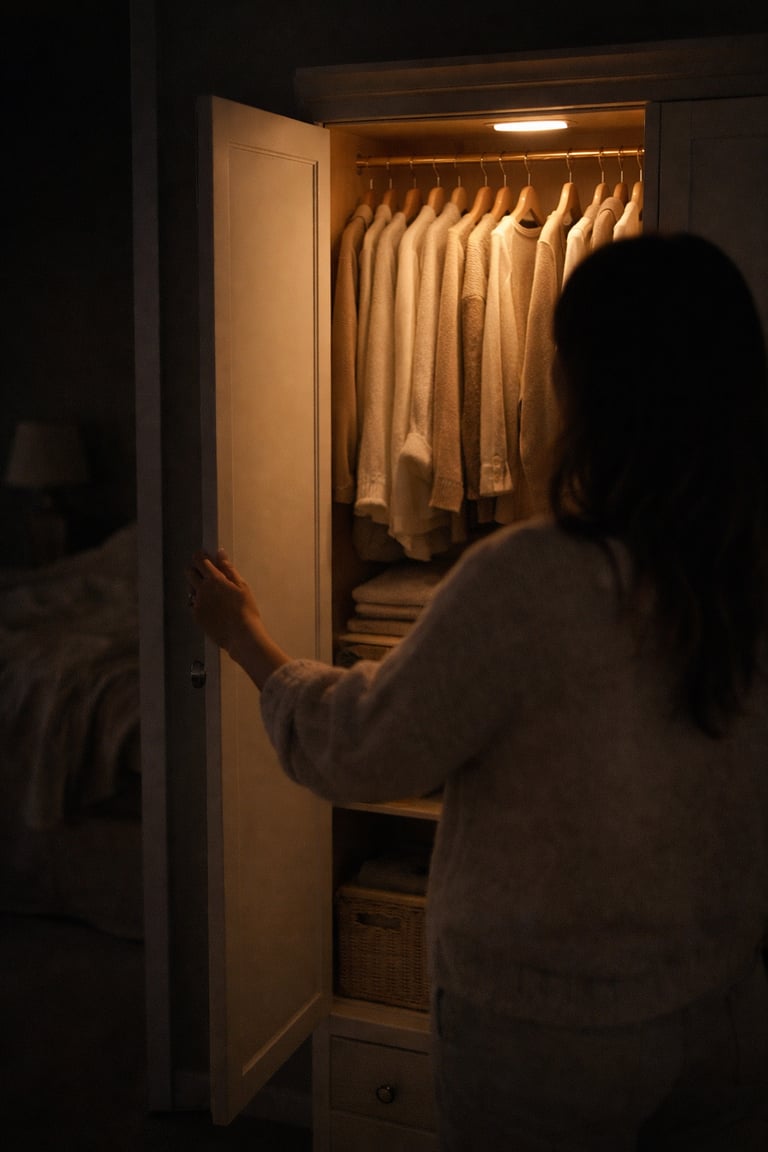 Woman standing in front of a glowing open closet in a dark bedroom, warm motion-sensor LED light ill