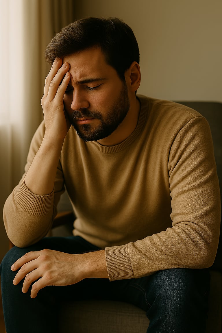 Adulto joven, profesionista sentado y abrumado por todo el estrés que le causa su situación actual 