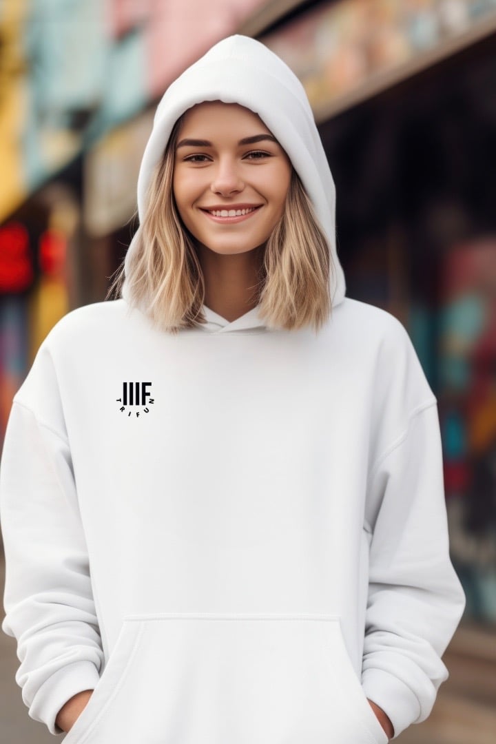 a woman wearing a white hoodie with the word jie on it