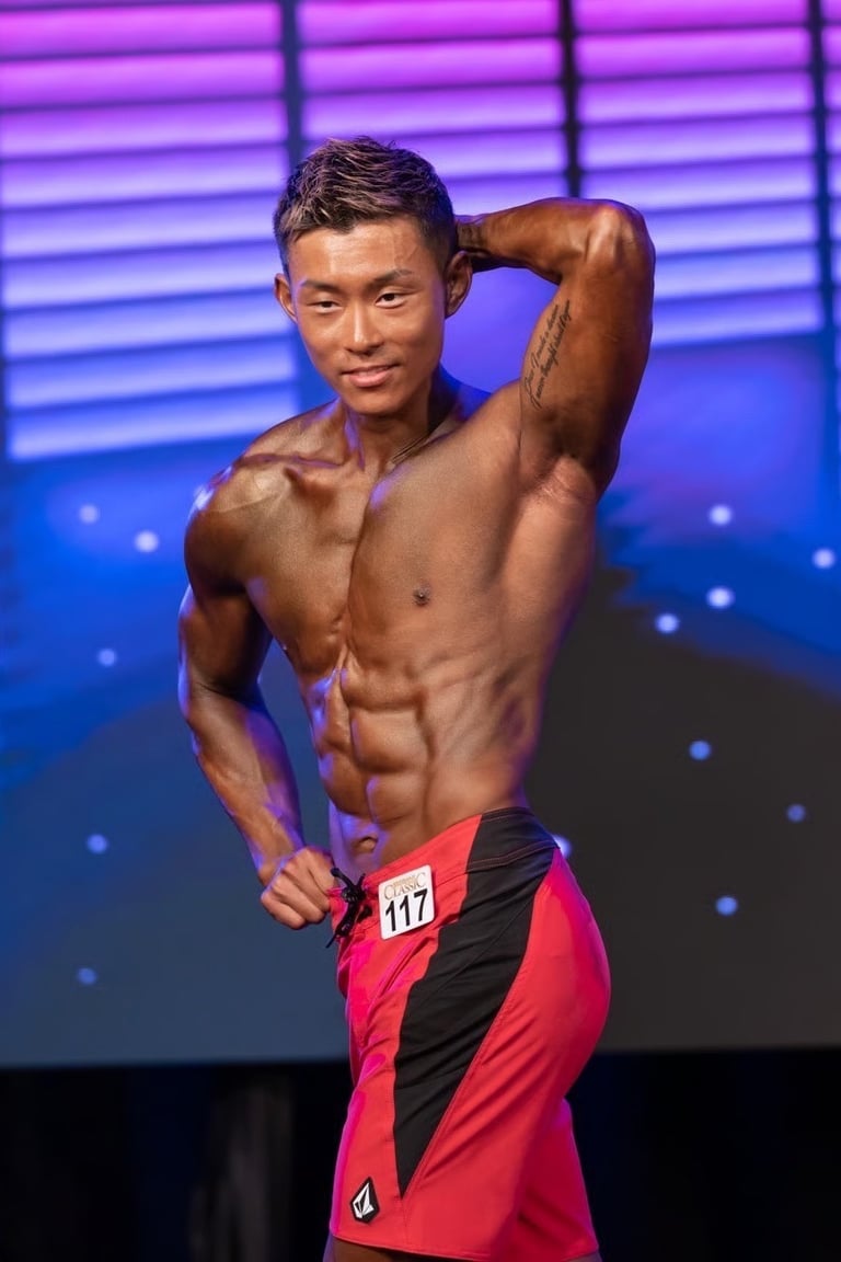 Sho competing on stage in his first physique competition after 32 week transformation