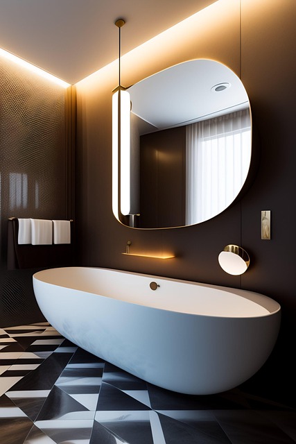 baignoire îlot, miroir design, carrelage noir et blanc