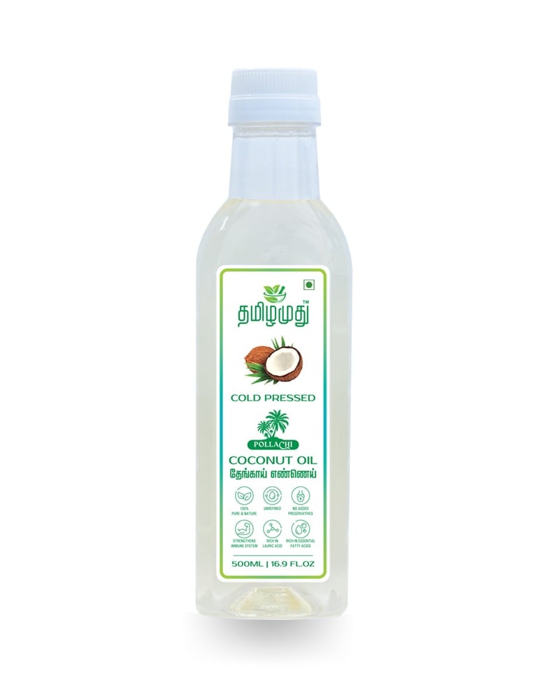 Tamilamuthu cold pressed coconut oil 500ml made from solar dried copra in Pollachi