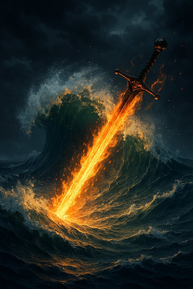 Flaming sword slicing through a stormy ocean wave at night, symbolizing spiritual weaponry.