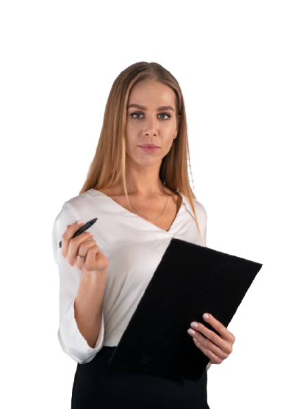 a woman in a white shirt and black skirt