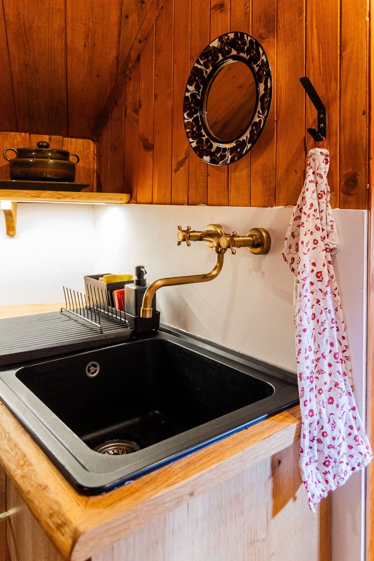 Rustic kitchen with a black granite sink, vintage brass faucet, and wood paneling walls.