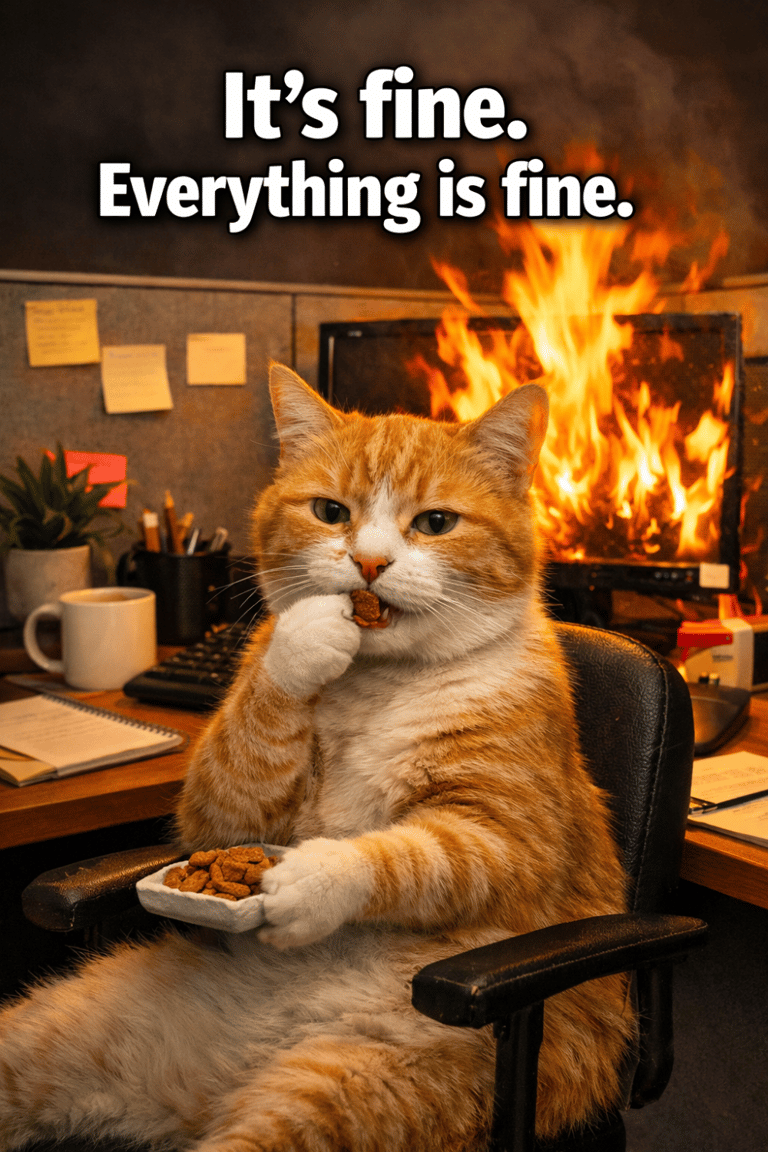 A cat in an office eating treats while the computer is on fire