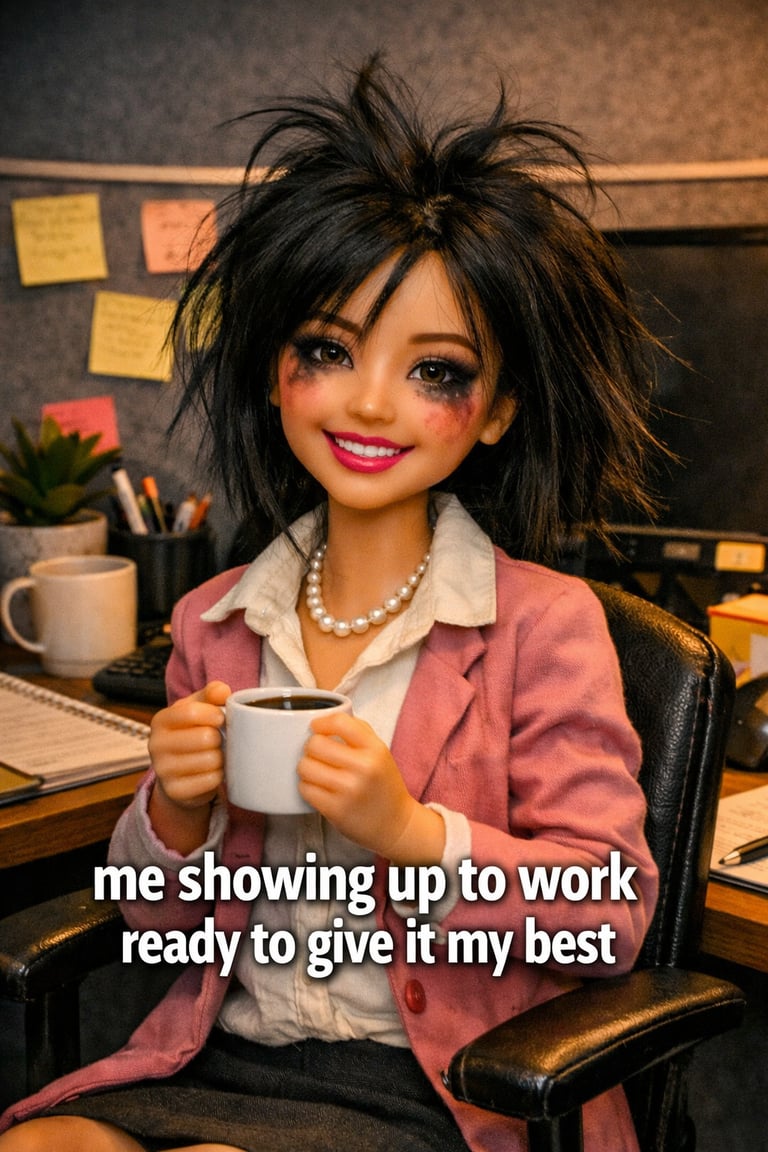 An exhausted woman in the office wearing stained clothes, messy hair, and messy mascara