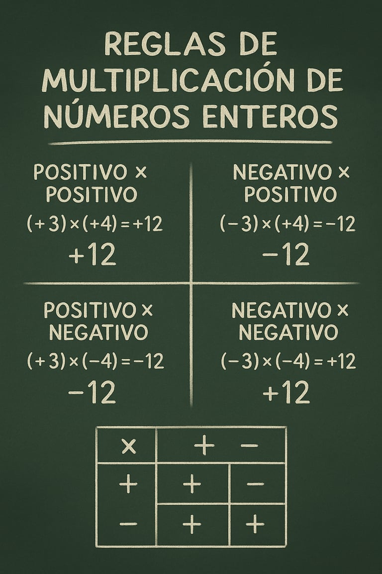 Infografía en estilo pizarra que muestra las reglas de multiplicación de números enteros, con ejemplos de combinaciones de si