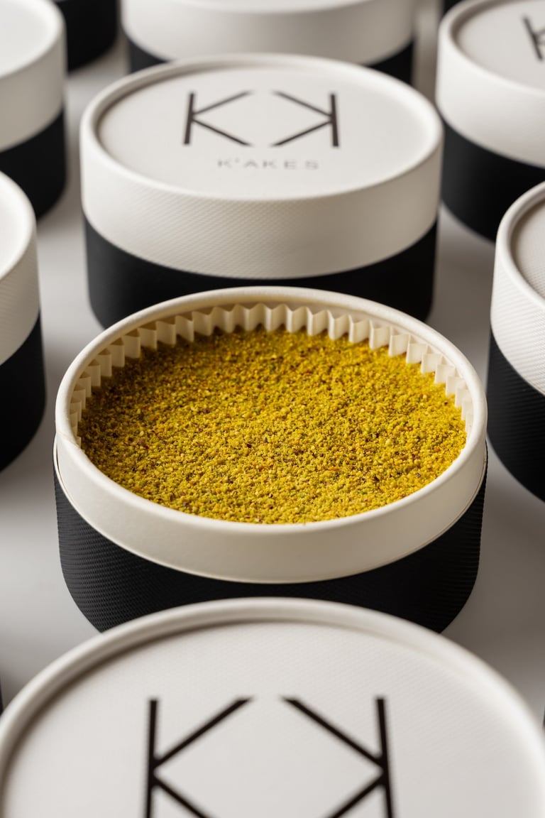 Elegant round gift boxes of K'AKES gourmet treats featuring crushed pistachio toppings.