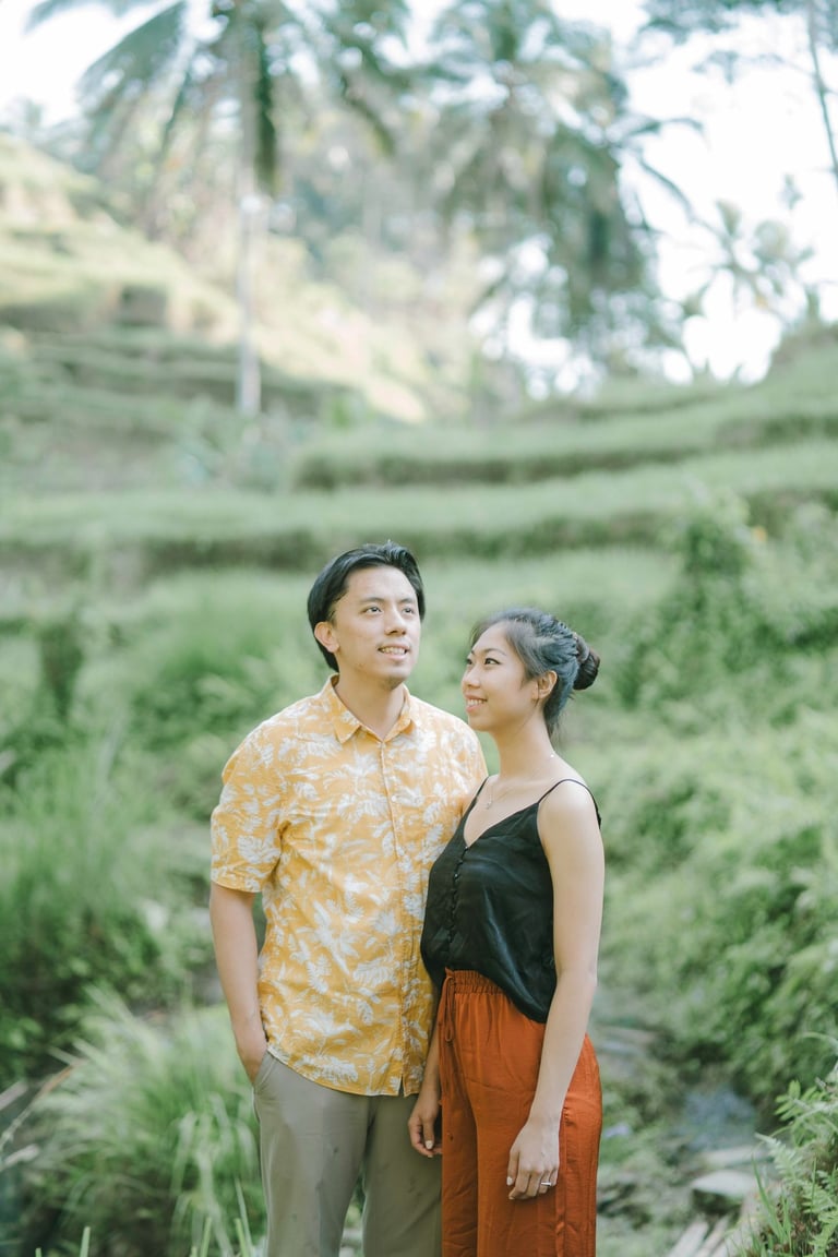 Romantic couple portrait during a sunrise photography session at Tegalalang Ubud Bali.