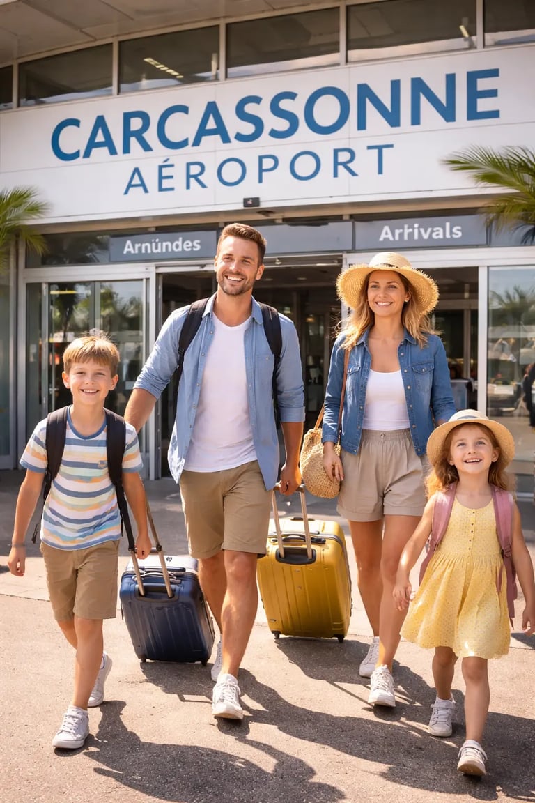 Famille arrivant à l’aéroport de Carcassonne près de Quillan